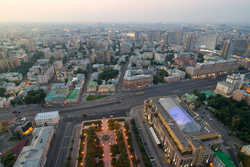 Fototapeta na wymiar Moscow in morning, View from high-rise building on Kudrinskaya Square