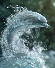 A serene dolphin with a skin that mimics the ocean waves leaping gracefully over digital water