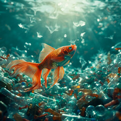 Naklejka premium A single fish swimming against a tide of plastic bottles