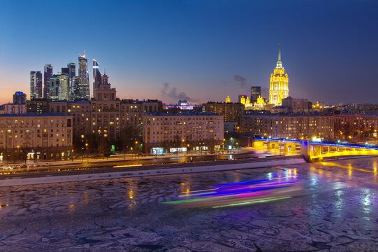 House of Petroleum, Smolensky Metro Bridge, Hotel Ukraine, Moscow City Business Complex at night in Moscow. Long exposure