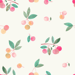 Watercolor berries with a leaf on a soft yellow background, simple drawing. Seamless pattern.
