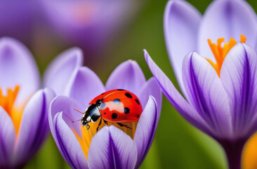 Ladybug on a purple crocus flower, spring background