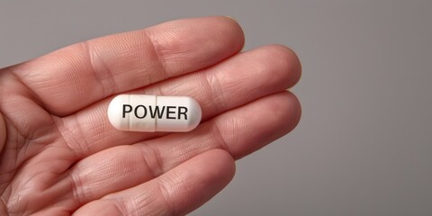 Generative AI, person is holding on the hand white pill with word Power, nutrition and healthcare concept