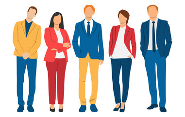 Set of young men and woman , different colors, cartoon character, group of silhouettes of standing business people, students, design concept of flat icon, isolated on white background
