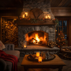 A cozy fireplace with logs burning and warm lighting