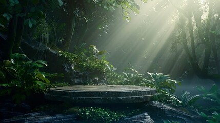  A stone podium in the forest, beautiful sunlight, rays of light through the greenery, spring nature, fantasy in the style of octane render. - obrazy, fototapety, plakaty