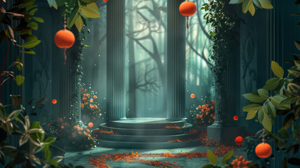  A fantasy digital backdrop for photography, an enchanted forest with tall columns and oranges hanging from the trees, there is a round podium in front.