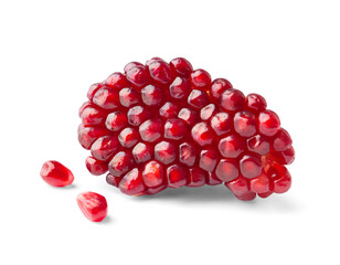 Peeled slice of a pomegranate with large grains on a white background close-up.