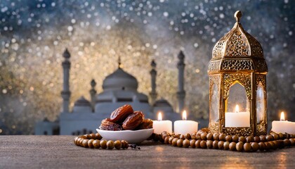Ramadan illustration with fruits, sweets, bird view, moon, lantern, dates, prayer book, candles, sunset, festival, Lent, Muslims, Retro
