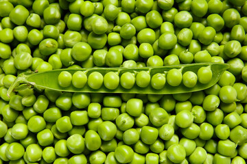 An open pod of fresh green peas lies on pea grains, top view. Background of sweet green peas.