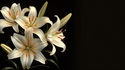 Fototapeta na wymiar Funeral lily on dark background with spacious area for convenient text placement