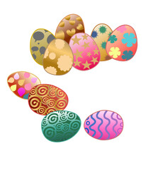 Cartoon image of colorful Easter eggs. There are cute patterns.