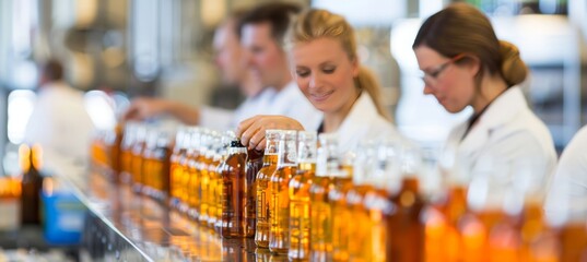 Scientific beer production in sleek lab with technicians analyzing samples for innovative brand