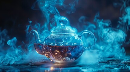 An intricate glass teapot emits captivating blue steam, set against a dark, mysterious backdrop, invoking a magical tea experience.