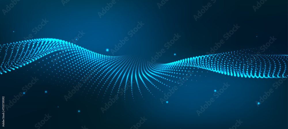 Poster A wave of moving particles. Abstract 3d vector illustration on a dark background.