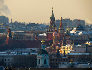 Kremlin wall, Spassky Tower and St Basil Cathedral in Moscow, Russia