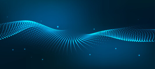 A wave of moving particles. Abstract 3d vector illustration on a dark background.