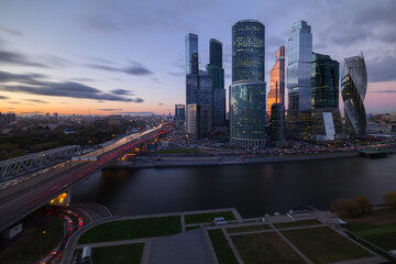 Fototapeta na wymiar Skyscrapers of Moscow City business complex at evening. Moscow International Business Center Moscow City includes 20 futuristic buildings