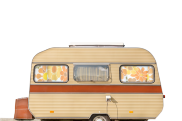 Seventies retro caravan in brown colors with flower curtains