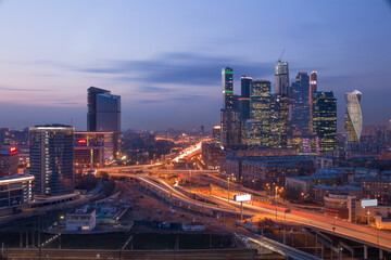  Highway and Moscow International Business Center at evening. Years of construction of complex -...