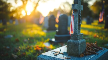 Sunset illuminates a cemetery with flags placed by tombstones for Independence Day. - obrazy, fototapety, plakaty