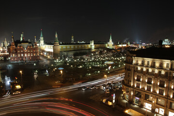Historical Museum, Kremlin and Manezhnaya Square at night in Moscow, Russia