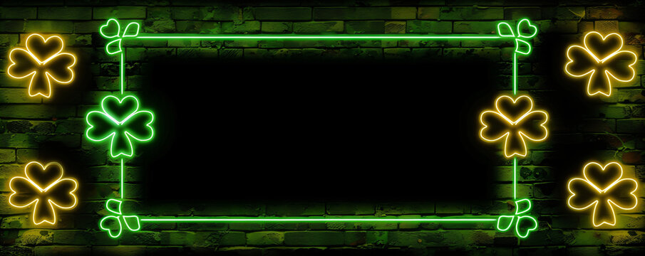 Neon glowing green sign frame with clover leaves on old black brick wall. Happy Saint Patrick's day. Template with copy space for greeting card, banner, flyer, bar or pub menu - Powered by Adobe