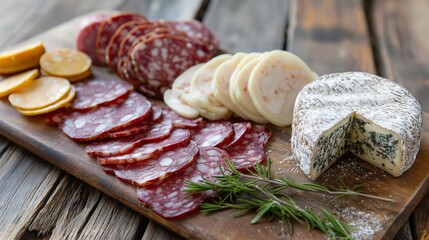 Rustic charcuterie platter with a variety of meats and cheeses on a wooden board, perfect for social dining.