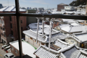 Hanok in Seoul with snowy weather. Winter in Seoul. Winter in Korea.