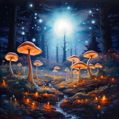 A field of luminous mushrooms in a moonlit night.