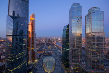  Futuristic Moscow International Business Center at evening. East tower of complex Federation in...