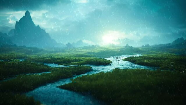 Fantasy raining dramatic landscape with light and river. Nature and landscape animation video.