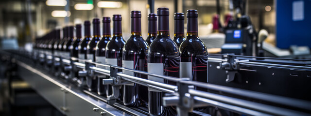 A winery's conveyor system with rows of premium red wine bottles, emphasizing scale and production.