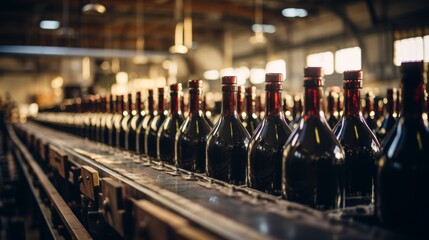 Production line of wine bottles at a winery, depicting the bottling phase in wine manufacturing. - obrazy, fototapety, plakaty