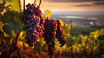Golden hour view of grape bunches in a vineyard, ideal for themes of winemaking and agriculture. - obrazy, fototapety, plakaty