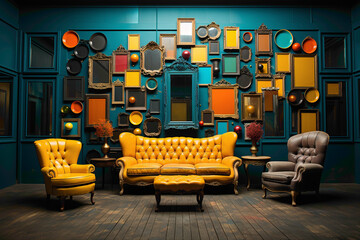 Step into a room of vibrancy with blue and yellow chairs creating a balanced composition. 
