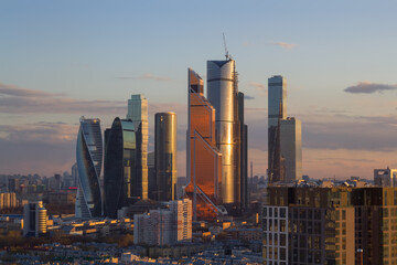 Moscow International Business Center at evening. East tower of complex Federation in height 374 m - highest skyscraper in Europe