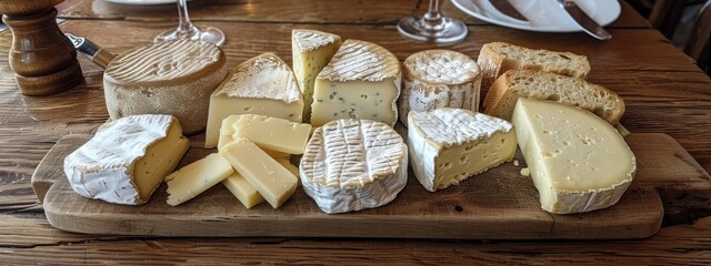 An assortment of artisanal cheeses on a wooden board, ready for tasting.