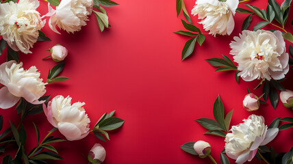 Elegant white peonies on red background with copy space