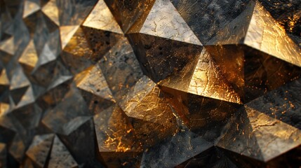  Sculptural geometric gold shapes on a dark background, forming a three-dimensional art piece.