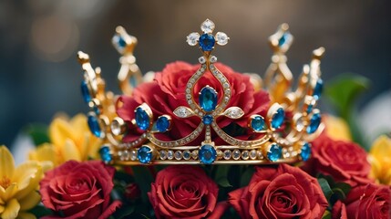 Royal Elegance: Crown atop Red Roses. Majestic Crown Adorned with Red Roses. Majestic Crown Adorned with Red Roses