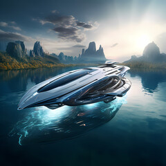 A futuristic spaceship hovering over water. - obrazy, fototapety, plakaty
