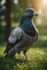 A pigeon stands on a green grass field. Pigeon Perched on Lush Green Grass