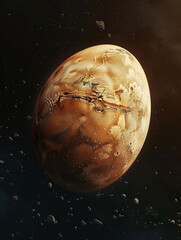 Unconventional sci-fi easter card. Conceptual image of an easter egg in space. Copy space for text, background.