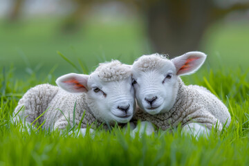 Naklejka na ściany i meble Adorable twin lambs cuddling together in the lush green grass in springtime.