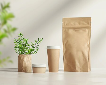Eco-friendly packaging design on a bright minimalistic table. Clean background