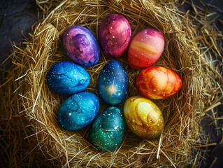 Fototapeta na wymiar Creative easter eggs design concept. Bunch of eggs dyed in galaxy colors in a hay nest. Copy space, close up, top view, Background.