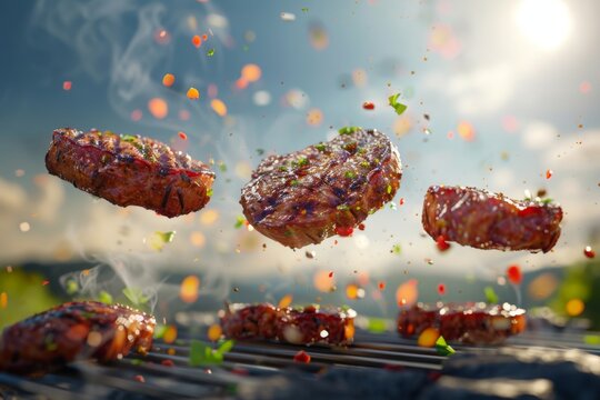 Grill Pork Chops steaks. realistic 3d brisket flying in the air. grilled meat collection. ultra realistic. icon. detailed. angle view food photo. steak composition