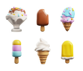 Ice cream 3D icons set, vector fruit or vanilla ice cream swirl in wafer cone, chocolate eskimo on stick frozen dessert