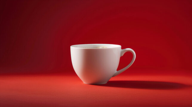 Simple white cup of coffee on a vibrant red background with soft lighting.